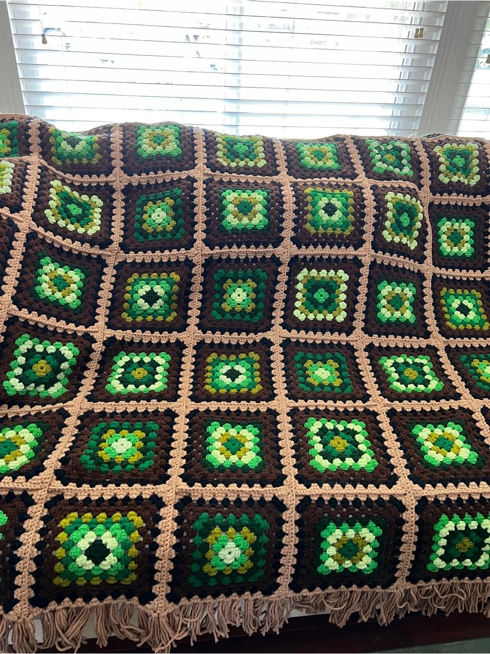Vintage Crochet Afghan Blanket With Fringe Quilt Granny Size 110